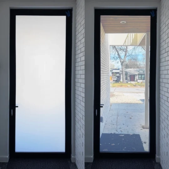 Smart Film in Pinecrest Glass door showing smart tint on and off