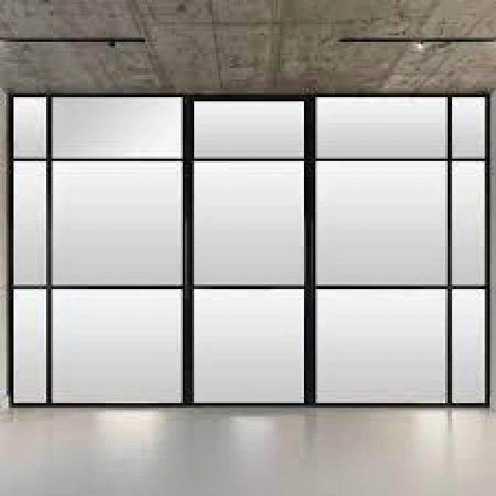Modern frosted glass wall with black frames