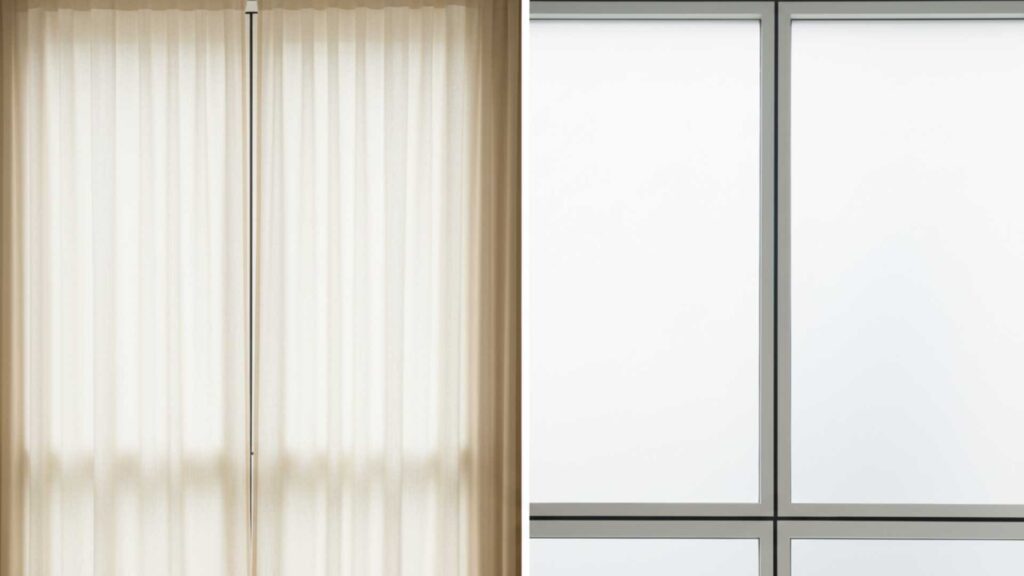 Split image: sheer curtain versus frosted glass panels.
