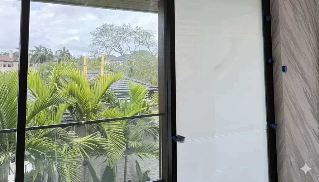 Switchable privacy glass windows showing clear and frosted states in modern interior, demonstrating smart glass technology for instant privacy control on demand