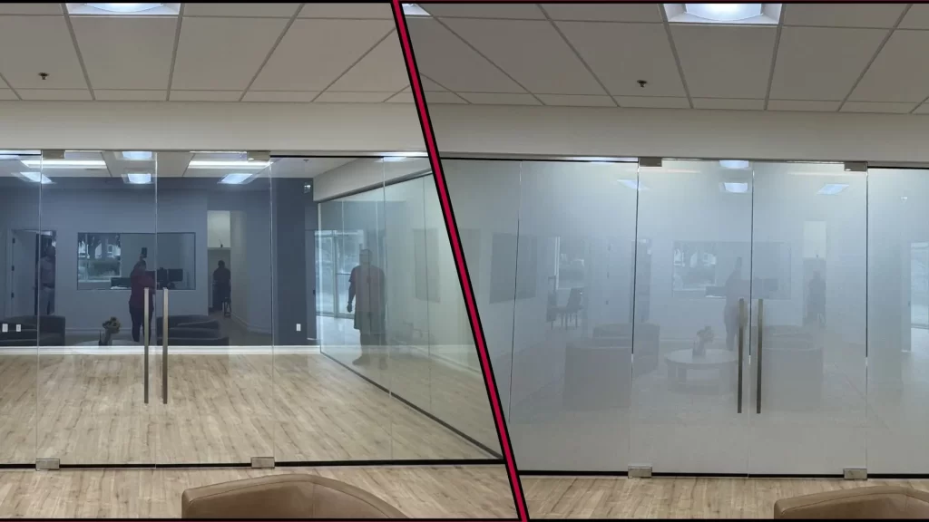 Commercial office space with switchable privacy glass partition showing ON/OFF states, demonstrating smart glass technology for flexible workspace privacy and collaboration