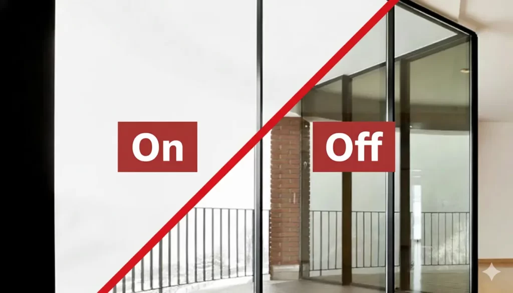Switchable privacy glass demonstration showing ON transparent state and OFF frosted state, illustrating instant privacy control technology for residential and commercial windows