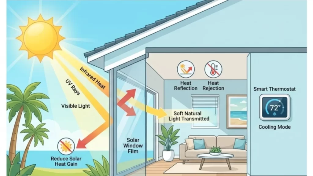 An infographic showing how solar film protects homes from Miami's hot weather.