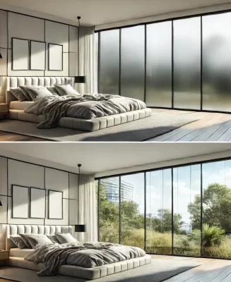 DALL·E 2024-06-20 11.10.32 - A modern bedroom with large floor-to-ceiling windows showing the difference between frosted (opaque) and transparent states. The upper image shows the